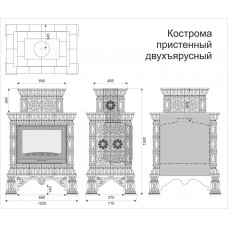 Изразцовый камин Кострома пристенный двухъярусный Роспись